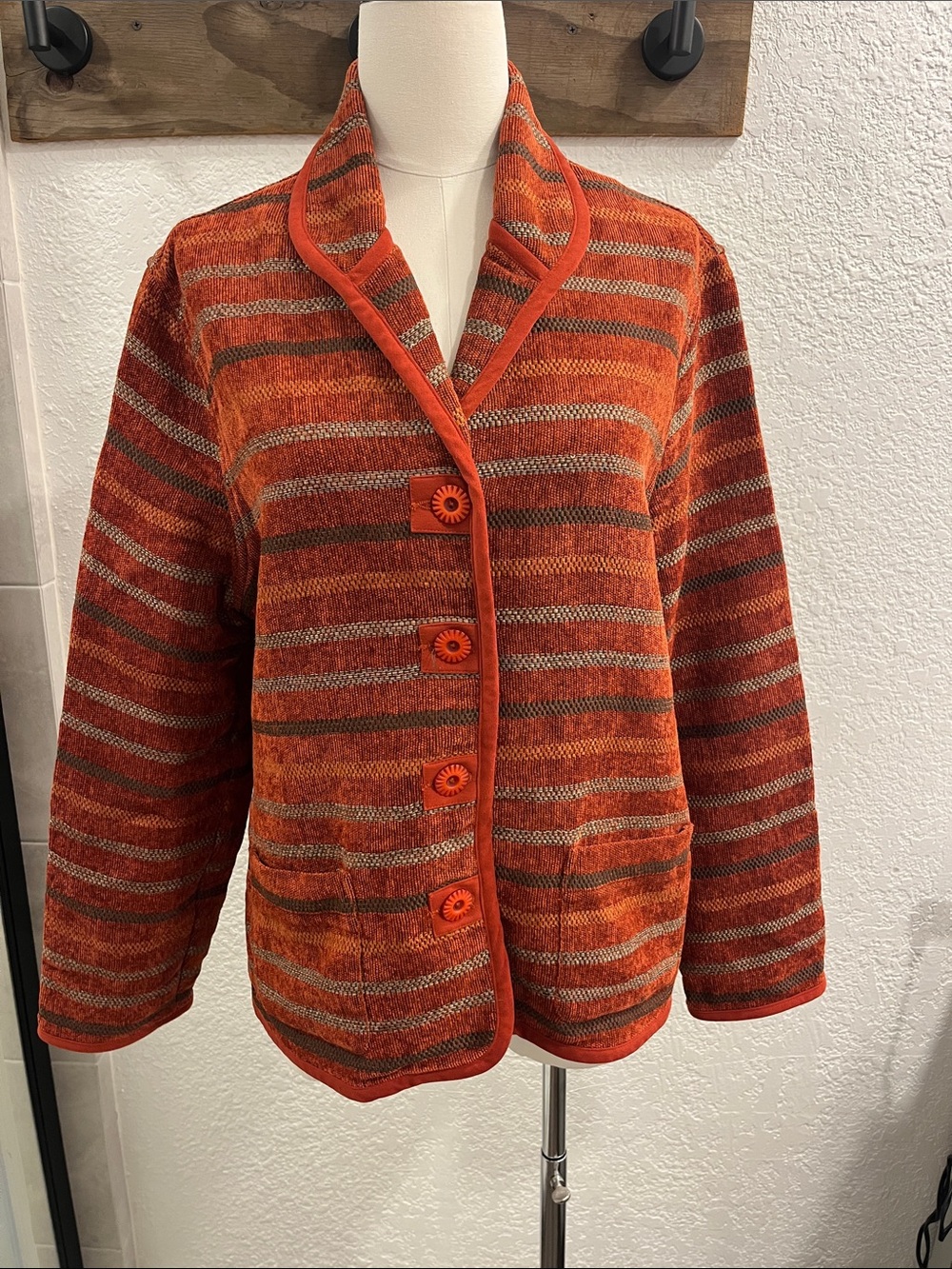 Vintage Koret Striped Blazer Jacket Womens Size Large Rust Orange Textured Knit